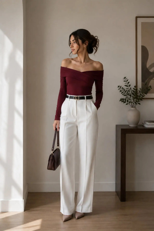 Looking for a classy office outfit that feels elegant and modern? ❤️ This burgundy off-shoulder top paired with tailored white trousers and a black statement belt creates the perfect smart casual look. Ideal for office days, business meetings, din...