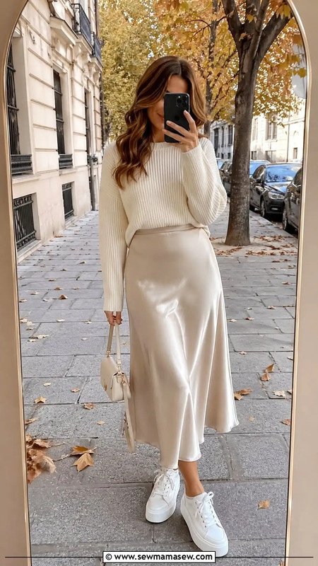 Chunky Sneakers with Midi Skirt and Sweater - 30 Sneaker Outfits Ideas Casual & Trendy Looks to