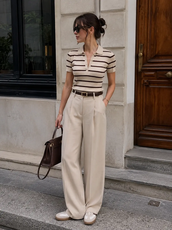 A striped knit polo paired with tailored wide-leg trousers creates a polished yet relaxed look. Finished with rich brown accessories and timeless neutrals, this outfit captures effortless Parisian elegance for everyday wear, travel, or casual off...