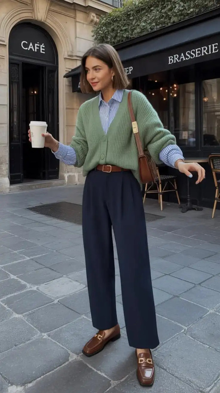 This outfit combines everything I love about spring layering — a striped shirt, a cozy green cardigan, and tailored navy trousers coming together in the most relaxed yet polished way. It’s a beautiful choice for spring business casual outfits colo...