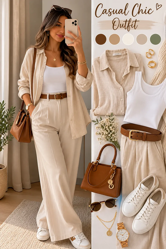 Discover this effortless casual chic outfit inspiration ✨ A soft neutral-toned look featuring timeless pieces, elegant layers, and a minimalist aesthetic perfect for everyday style 🤍 Get inspired with classy outfit ideas, Pinterest fashion trends,...