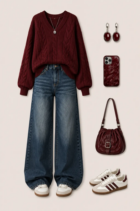 Stay effortlessly stylish with this burgundy cable knit sweater outfit paired with wide leg blue jeans, retro sneakers, a matching burgundy shoulder bag, statement earrings, and a minimal pendant necklace. This casual cozy look is perfect for fall...