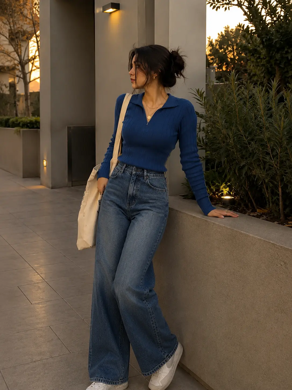 Elevate your everyday style with this effortlessly chic outfit featuring a blue ribbed top, high-waisted wide-leg jeans, and classic white sneakers. Perfect for casual outings, college days, coffee dates, or everyday fashion inspiration. The relax...