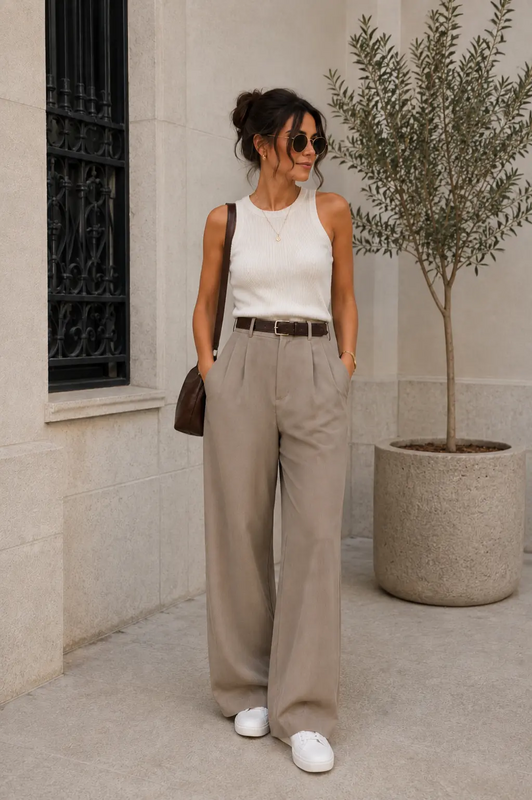 Regata branca, pantalona bege e bolsa marrom em uma combinação leve, elegante e fácil de usar no dia a dia.

#LookCasualChic #PantalonaBege #ModaFeminina #LookNeutro #InspiraçãoDeLooks