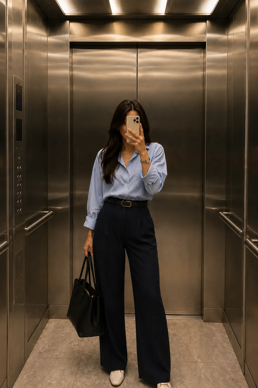 Woman wearing a light blue cotton shirt tucked into high rise navy wide-leg trousers with a black tote bag and loafers in a luxury elevator. Elegant office wear and business casual outfit inspiration.