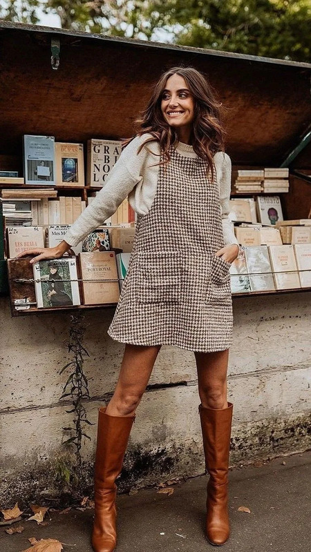 plaid dress fall outfit, coastal granddaughter autumn aesthetic, cream cardigan fall fashion, tall brown boots style inspiration, Pinterest chic fall outfits, timeless capsule wardrobe autumn looks, Amazon fall outfit finds, feminine countryside f...