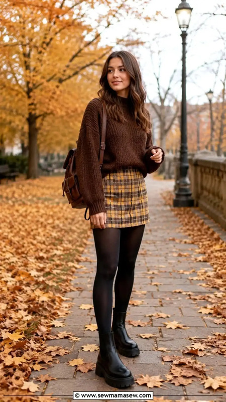 Camel Cashmere Sweater & Plaid Skirt: Sophisticated Winter Style