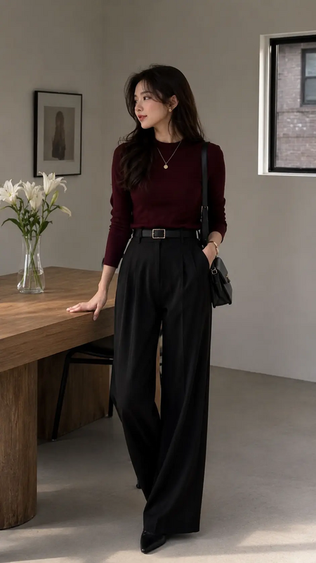 Chic Korean-inspired fashion featuring a fitted burgundy long-sleeve top paired with high-waisted black wide-leg trousers for a timeless, classy look. Perfect for office wear, college outfits, smart casual styling, fall fashion, and minimalist war...