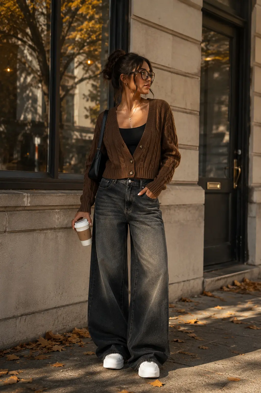 Embrace the ultimate cozy city vibe with these trendy fall outfit ideas casual chic style. Perfectly capturing a classic downtown girl aesthetic, this look pairs a structured chocolate brown cropped cable-knit button-up cardigan over a simple blac...