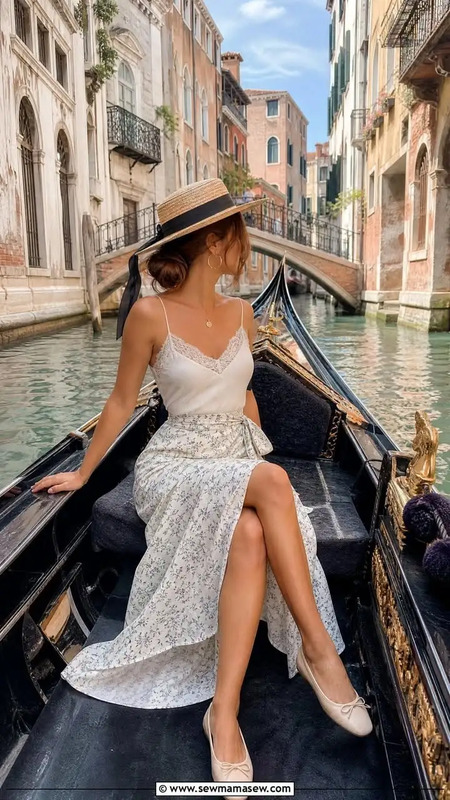a woman in a hat is sitting on a gondola with her legs crossed
