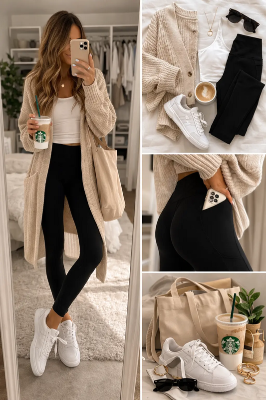 My go-to comfy outfit when I want style and comfort. Black leggings, white sneakers, and a cozy cardigan make the perfect everyday look. Tap to shop this easy Amazon outfit Idea. I earn from qualifying purchases.  #AmazonFashionFinds #LeggingsOutf...