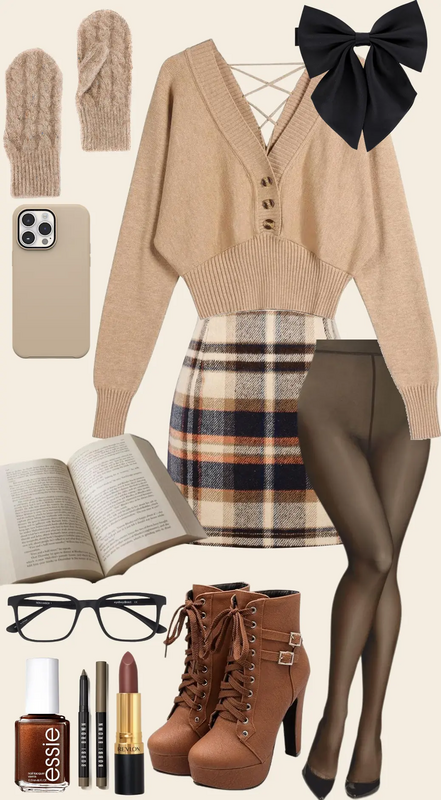 Channel your inner academics with this preppy, plaid-inspired fall outfit! A cozy cropped sweater pairs beautifully with a chic plaid skirt and lace-up boots. Perfect for a day spent reading or exploring your favorite coffee shop. 🍁🕶️ Add a touch o...