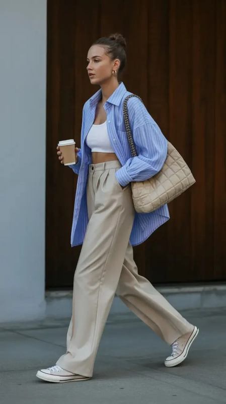 There’s such a carefree quality to this look: an oversized striped button-down, a cropped white top, and wide-leg beige Pants that move effortlessly with each step. It’s comfortable, breathable, and ideal for simple spring outfits casual that stylish...