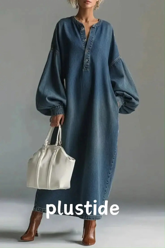 Classic denim texture, vintage V-neck & lantern sleeves, functional pocket design, loose comfy fit. Perfect for daily casual, office, spring outings and stylish everyday looks.👗