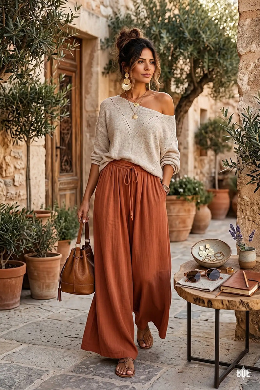 Professional woman wearing a boho chic outfit with flowy blouse, tailored wide-leg pants, and subtle bohemian accessories in a modern office setting.