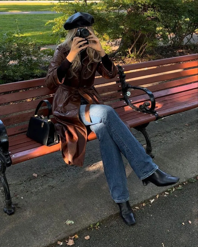 Fall and winter outfit with beautiful boots, pants, tacket, hat, purse and camara. Fall fashion, fall outfit, black leather jacket, oversized sweater, gray mini skirt, mini skirt, scarf, pose, street style, matilda djerf style, instagram, style, f...