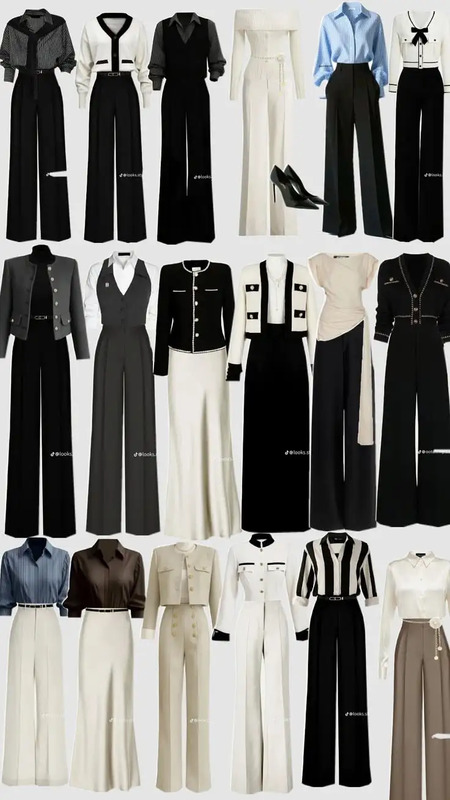 A grid of 15 elegant corporate workwear outfits featuring black trousers, cream blouses, and tailored blazers for a professional minimalist aesthetic.