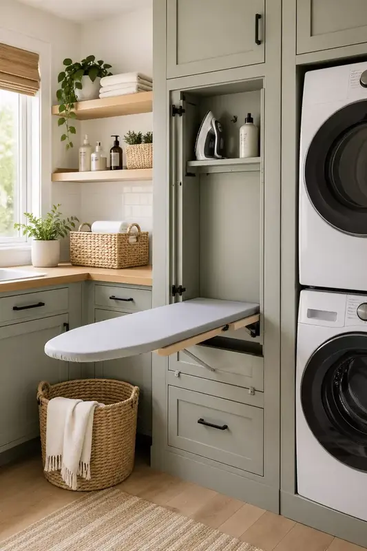 an ironing board sits in the corner of a kitchen next to a washer and dryer