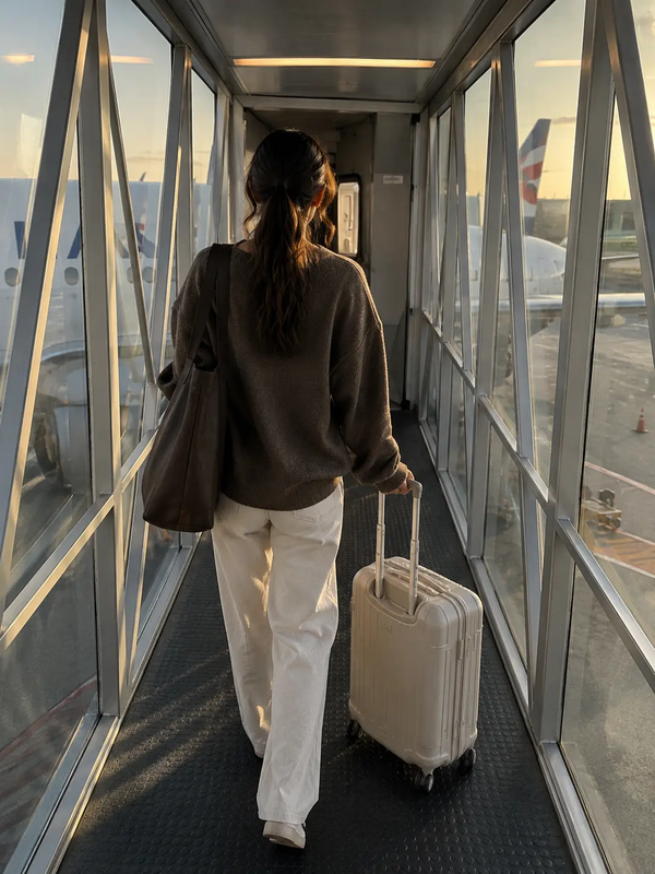 a woman is walking with her luggage down the walkway