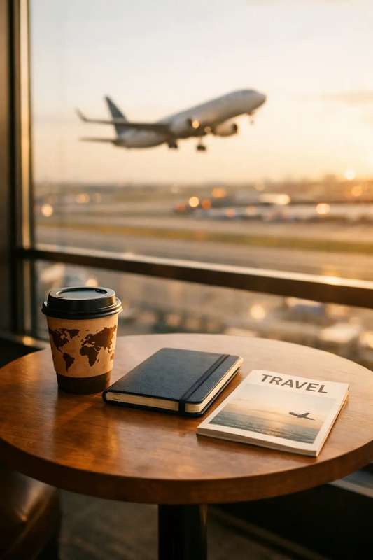 A modern airport lounge scene with a coffee cup, travel notebook, and magazine on a wooden table near a window, with an airplane taking off in the background, representing calm travel and digital nomad lifestyle in 2026.