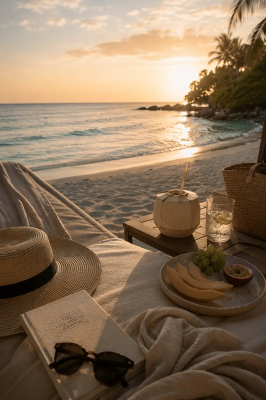 the sun is setting on the beach with some food and drinks in front of it