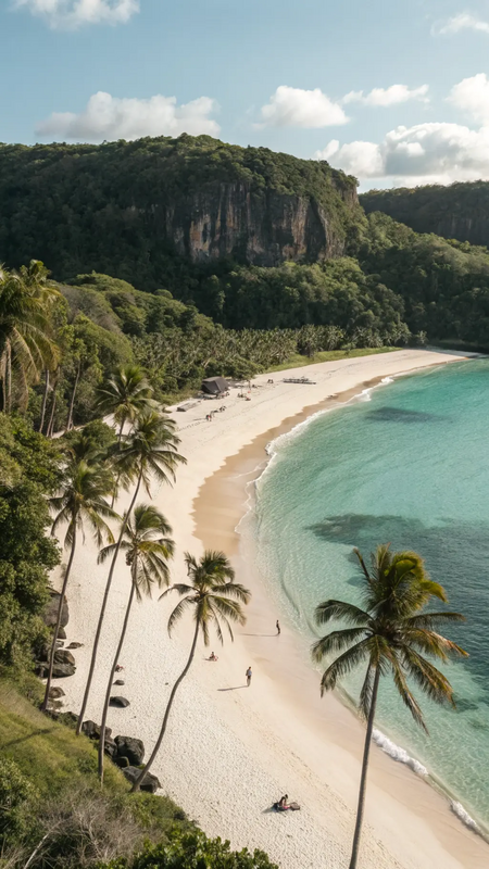 the beach is surrounded by palm trees and blue water
