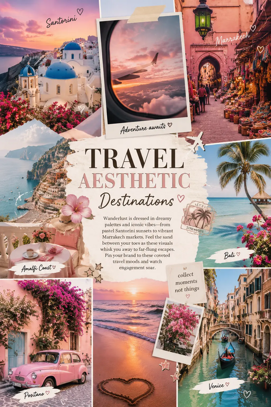 a collage of photos with the words travel aesthetic destinations