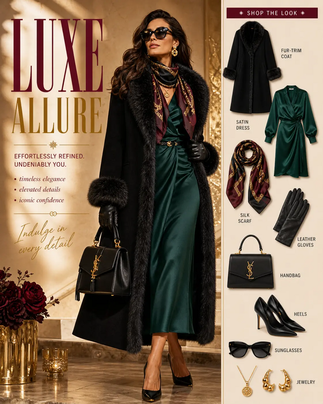 A glamorous luxury fashion lookbook featuring rich textures, elegant accessories, statement pieces, and a polished model styling layout. Perfect for luxury fashion inspiration, high-end outfit ideas, and editorial style boards.  #LuxuryFashion #Lu...