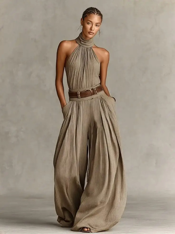 Master the art of Quiet Luxury with tonal dressing. The micro-pleated fabric of this ensemble provides incredible movement and texture, while the structured leather belt adds a touch of masculine contrast to a feminine silhouette. A timeless look ...