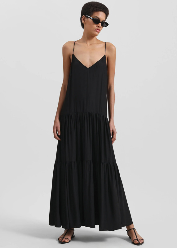 Matin Silk Tiered Dress - Black