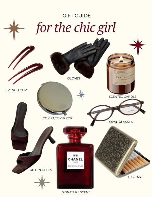 timeless, elegant gift ideas for the chic girl ✨ signature perfume, scented candle, leather gloves, kitten heels, oval glasses, and classic accessories. perfect gift ideas for her, chic girl gifts, stylish holiday presents, and luxury-inspired fin...