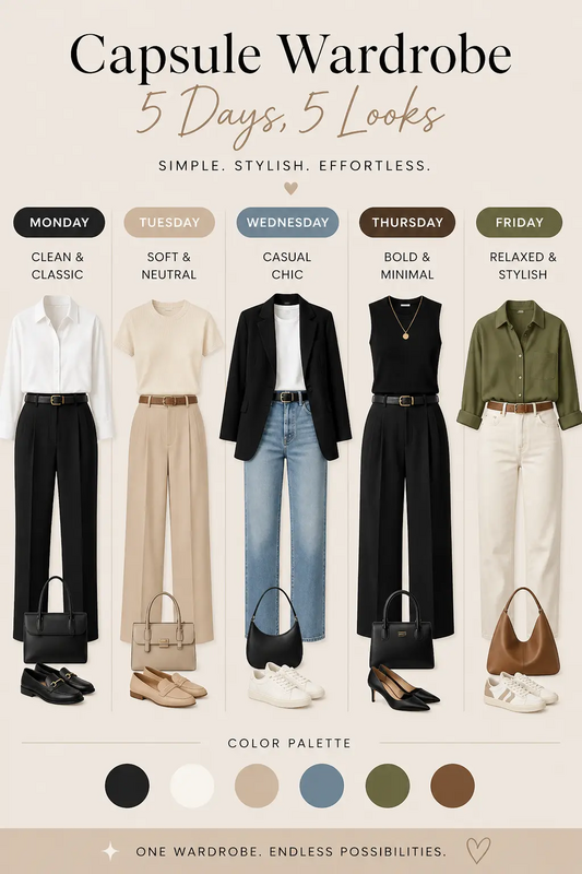 What to wear this week made simple 🤍 5 effortless outfits you can wear from Monday to Friday using a minimal capsule wardrobe.  Easy, chic and perfect for everyday style ✨  👉 Save this for later and never stress about your outfits again 💫 Цвет, По...