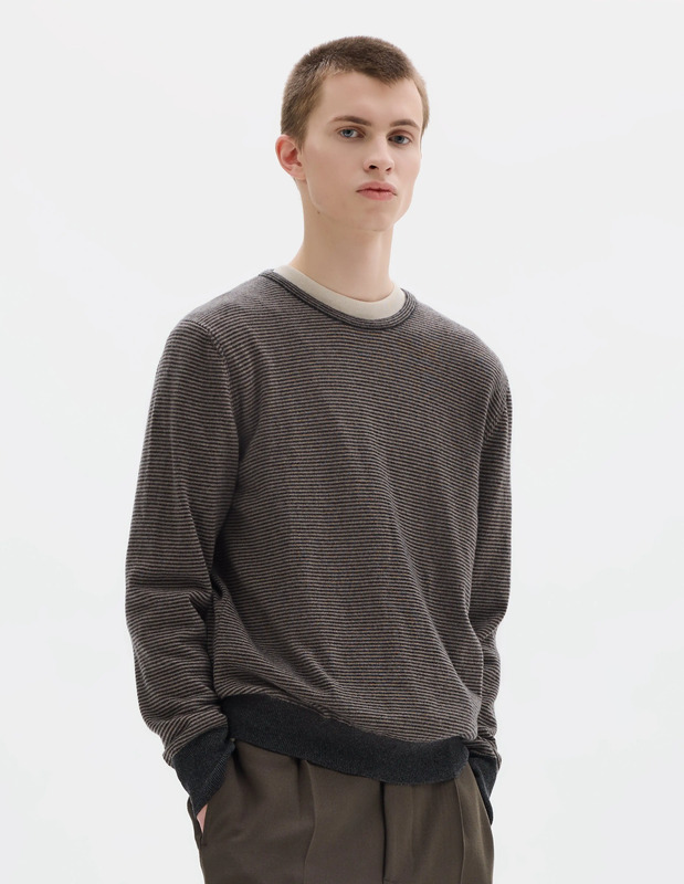 FEEDER STRIPE CREW NECK JUMPER | MERINO CASHMERE | TAUPE / CHARCOAL
