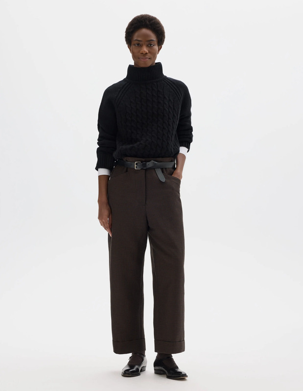 RELAXED CROP TRUSERS | LINEN WOOL GINGHAM | NAVY/WARM BROWN