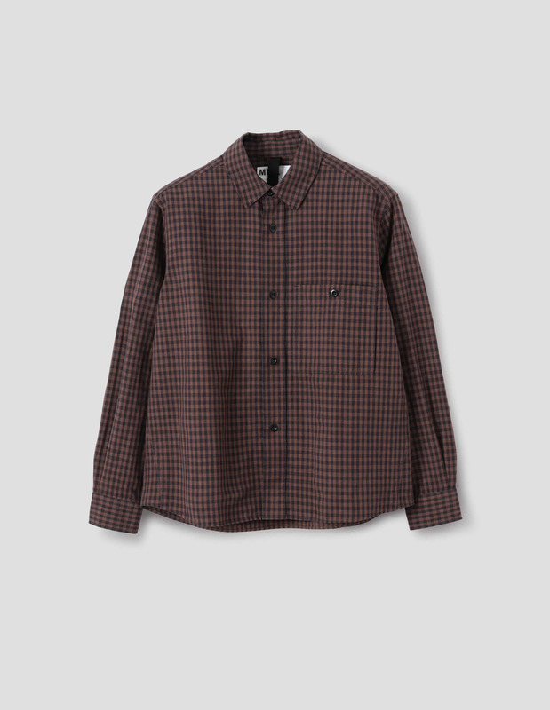 MHL. OVERALL SHIRT | IRREGULAR COTTON LINEN GINGHAM | CHESTNUT / INK