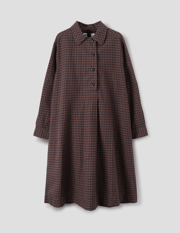 MHL. OFFSET PLACKET DRESS | IRREGULAR COTTON LINEN GINGHAM | CHESTNUT / INK
