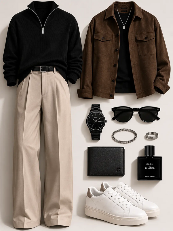 Upgrade your style with this timeless men's outfit! 🖤🤍🤎 A black T-shirt paired with crisp white pants and a stylish brown jacket creates the perfect smart casual look. Save this pin for men's fashion inspiration, streetwear ideas, and everyday out...