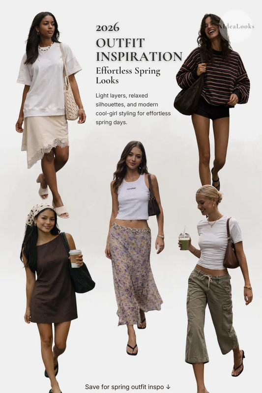 Effortless spring outfit ideas featuring light layers, relaxed silhouettes, and modern cool-girl styling. Discover casual everyday spring looks with skirts, tanks, and easy outfits perfect for warm spring days. Save this pin for wearable outfit in...