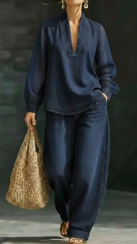 Denim two-piece set, wide leg denim outfit, casual chic set. This modern denim set features a relaxed V-neck top with long sleeves and matching wide-leg pants for an effortlessly stylish silhouette. Designed for comfort and versatility, it’s perfe...