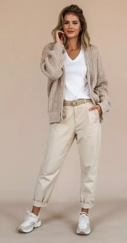 There are days when comfort can be desired that remain curated. A cozy knit cardigan, loose white t-shirt, and cozy beige jeans, this outfit embraces and encloses you in warmth, not to mention that it keeps you deceptively stylish. This neutral sh...