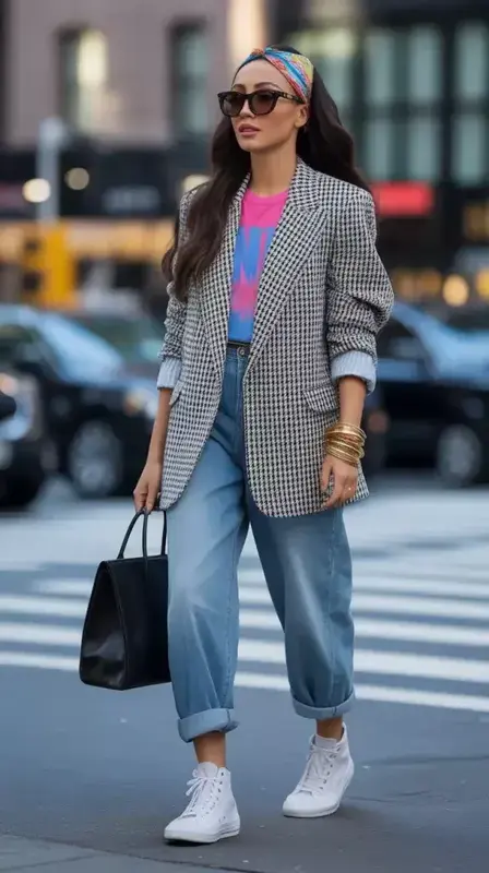 Where the former glance relied on power, the latter one was of play. The over-sized plaid jacket, the neon graphic shirt and the slack jeans carry that perfect casual-cool style that no one can achieve except the New York style. It is casual-fashi...