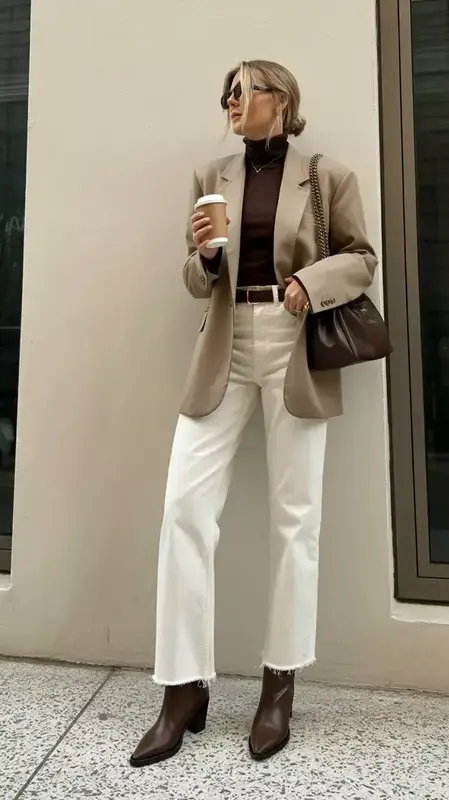 21 Winter Capsule Wardrobe Ideas 2025 / 2026 - Travel Chic Brown Outfit, Brown Boots, Beige Boots, Beige Blazer, Business Casual Style, Shafa, Winter Outfits, Feminine Style, Street Styles