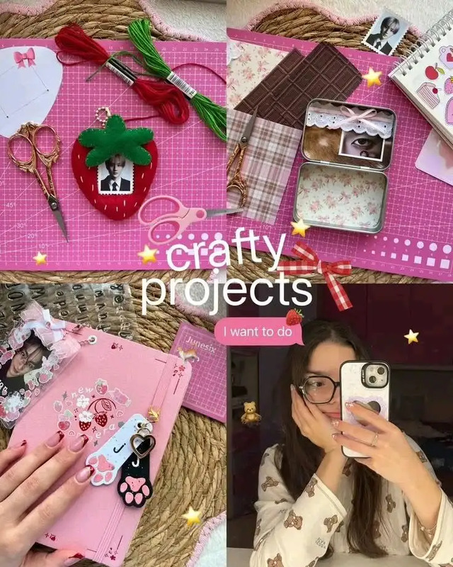 a woman taking a selfie with her cell phone and other items on the table