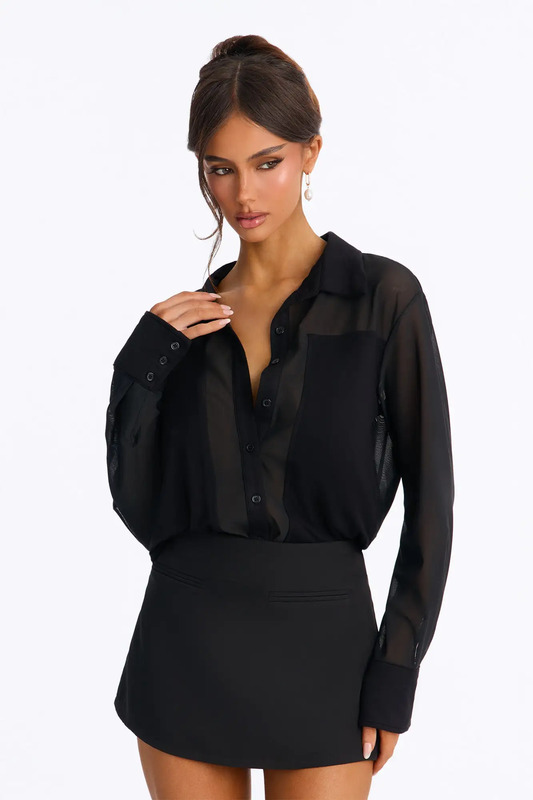 Executive Mindset Mesh Long Sleeve Collared Bodysuit - Black