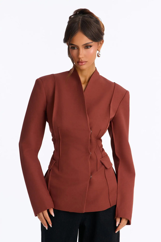 Carrie Fitted V-Neck Seamed Blazer - Terracotta