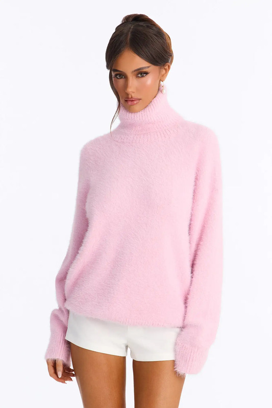 Soft Cuddles Fuzzy Funnel Neck Sweater - Light Pink