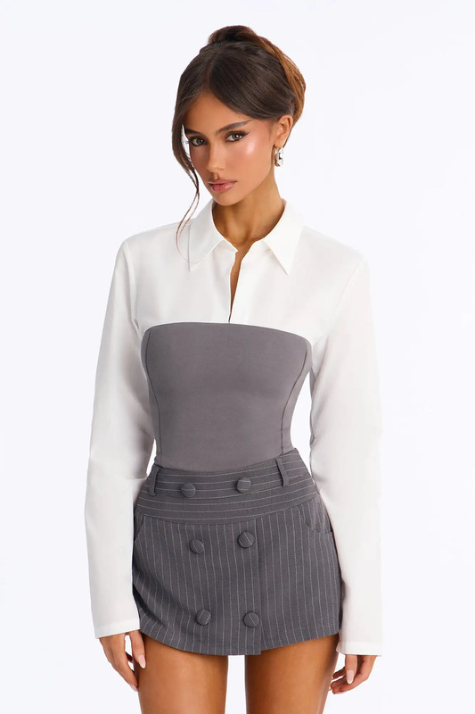 No Filter Needed Contrast Bodysuit - Charcoal/combo