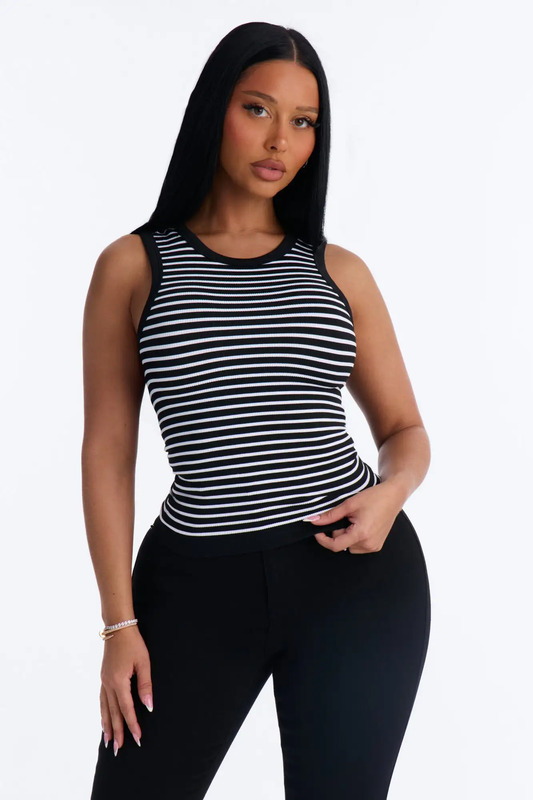 Rianna Ribbed Contrast Binding Stripped Crew Neck Tank Top - Black/White