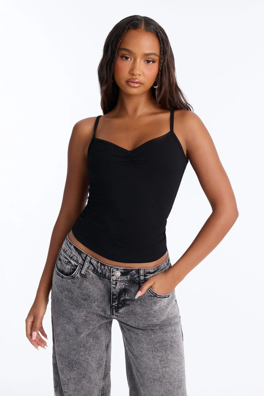 Allie Ruched Bust Cami Tank Top - Black