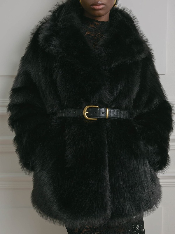 Loose-fit eco-fur coat with stand-up collar :: LICHI - Online fashion store